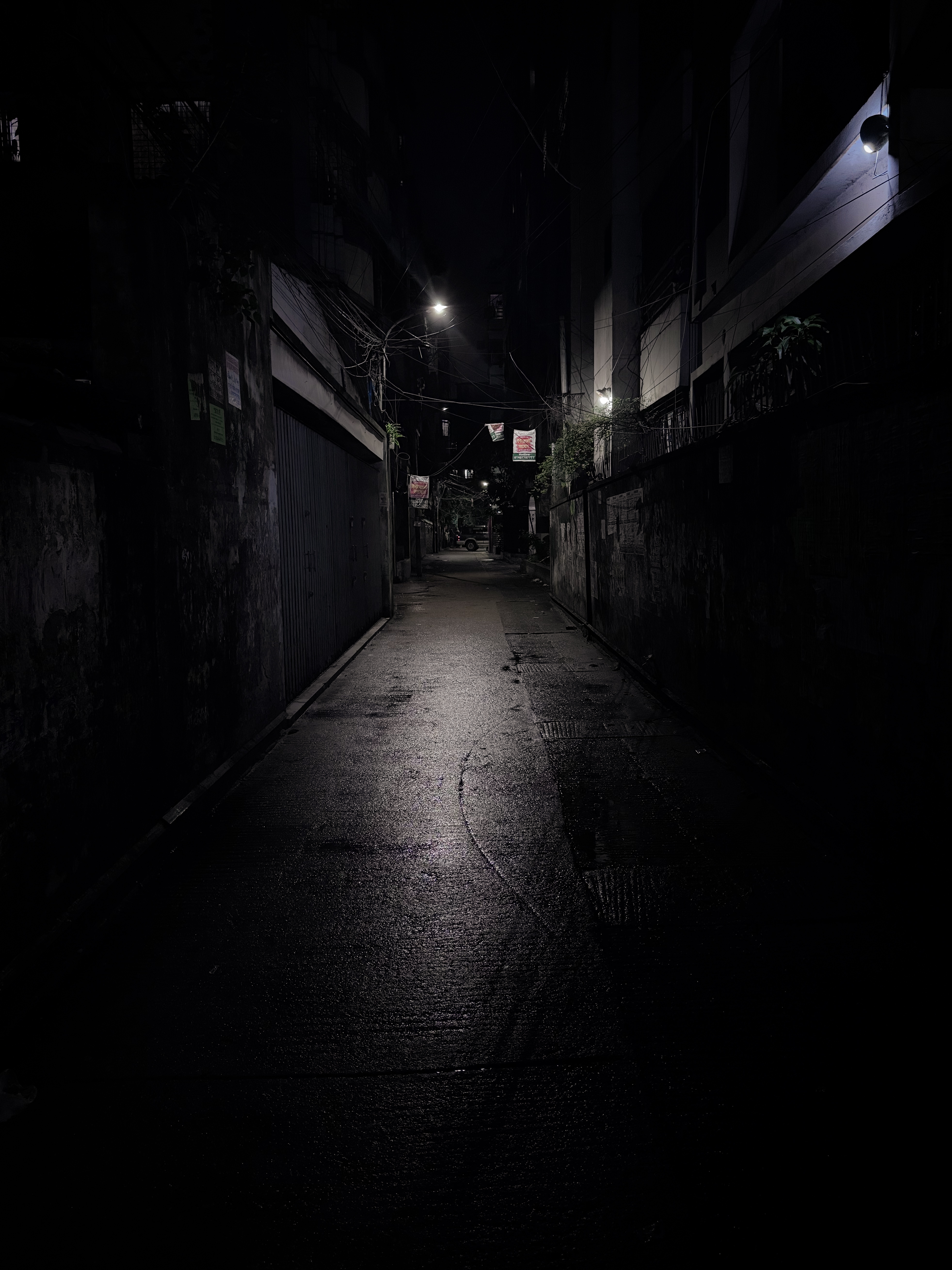 A quiet alley illuminated by street lights at night